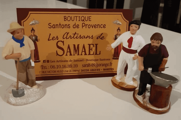 santons à Aigues-Mortes, la boutique de santons aux Artisans de Samael carte de visite